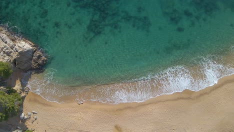 aerial-image-with-drone-of-lloret-de-mar-virgin-beach-with-green-vegetation-in-mediterranean-sea-turquoise-water-overhead-view-lloret-de-mar-litle-waves