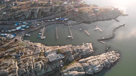 Boat-Harbor-Marina-in-Rocky-Cove-on-Sweden's-West-Coast,-Aerial