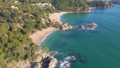 aerial-image-with-drone-of-lloret-de-mar-virgin-beach-with-green-vegetation-in-mediterranean-sea-turquoise-water