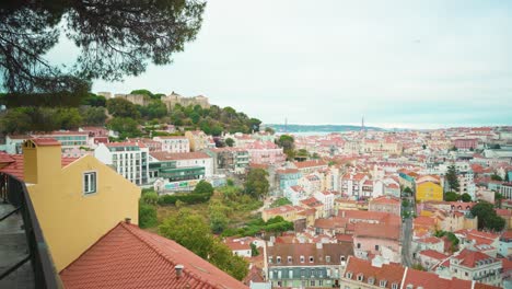 Lisbon-hill-viewpoint-through-fences-to-castle,-river-and-ancient-city-downtown