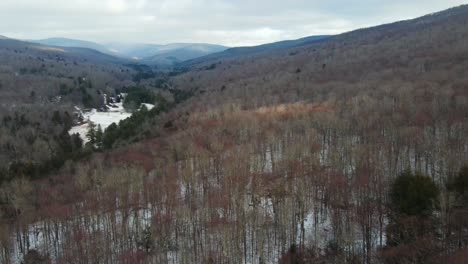 Aerial-footage-of-a-wintry-mountain-valley-with-snow-and-bare-canopy-and-blue-mountains-in-the-distance