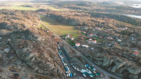 Nordic-Town-on-Rocky-Western-Coast-of-Sweden,-Aerial-Establishing