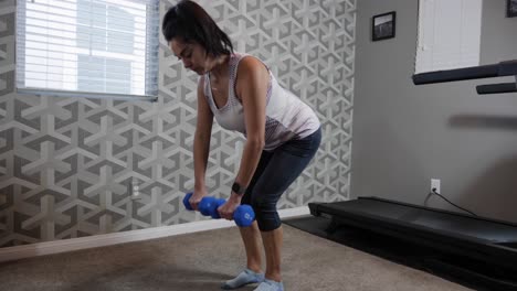 Hispanic-female-doing-home-workout,-dumbbell-exercise-in-room