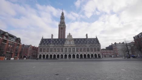Front-view-of-the-library-of-the-Catholic-University-with-carillon-tower,-Leuven,-Belgium