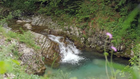 Small-cascade-falling-into-natural-pool,-idyllic-nature-scene-in-Slovenia,-zoom