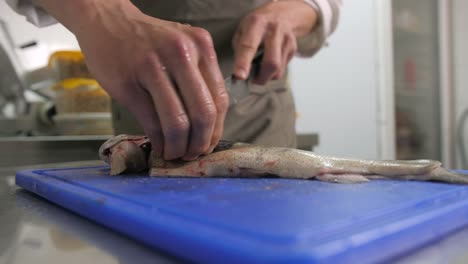 Man-fillets-raw-trout-fish-with-sharp-knife-on-blue-board,-static-closeup