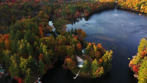 Aerial-View,-Lake-Houses,-Picturesque-Lakeside-and-Vivid-Forest-on-Sunny-Autumn-Day