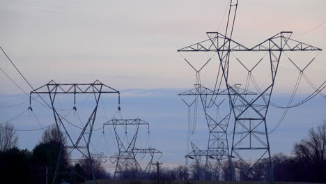 Long-telephoto-shot-of-electrical-pylons-with-winter-trees-against-an-overcast-sky