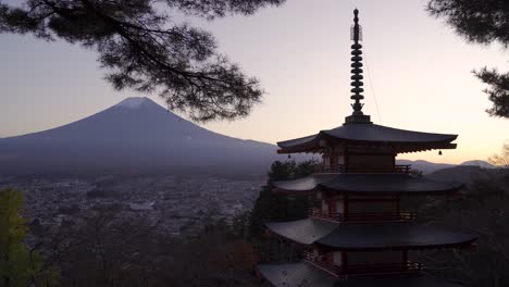 Static-shot-of-Chureito-Pagoda-at-dusk-with-Mount-Fuji-in-backdrop