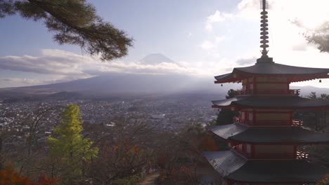 Slow-wide-tilt-up-over-Chureito-Pagoda-grounds-and-Mt-Fuji-on-clear-sunny-day