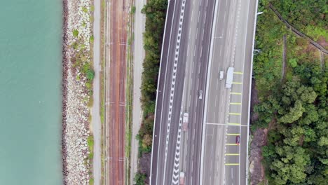 Traffic-on-a-rural-highway-interchange-in-Hong-Kong,-Aerial-view