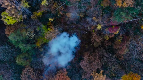 Aerial-drone-looking-down-to-rising-geothermal-geyser-next-to-autumn-color-trees