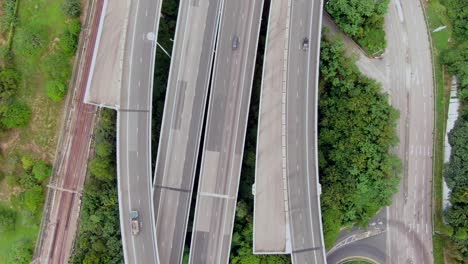 Traffic-on-a-rural-highway-interchange-in-Hong-Kong,-Aerial-view