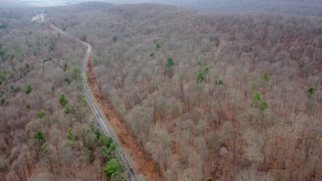 Traveling-over-the-tops-of-the-trees-of-the-forest-and-road-in-the-winter-season-aerial-view