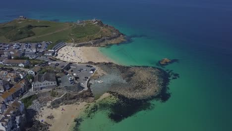 St-Ives-beaches-in-Cornwall,-UK-summertime-aerial-view