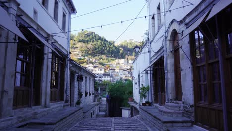 Callejones-Silenciosos-Pavimentados-Con-Piedras-Talladas-En-La-Ciudad-Vieja-De-Gjirokastra-Y-Casas-Tradicionales