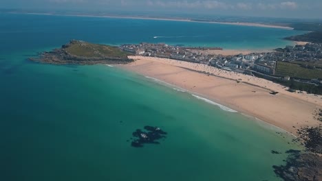 Popular-Cornwall-beaches-in-UK-summertime,-aerial-view