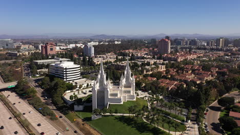 Aerial-View-Of-San-Diego-California-Temple-Near-La-Jolla-Community---orbiting-drone-shot