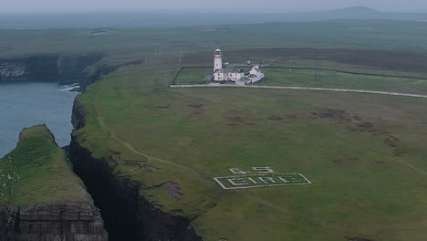 Aerial-Dolly-Zoom,-Loop-Head-Lighthouse-station-is-the-major-landmark-on-the-northern-shore-of-the-Shannon-River-in-the-west-of-Ireland