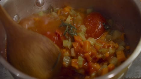 Ztirring-boiling-vegetable-mix-of-tomatoes,-carrot,-celery-and-herbs-inside-cooking-pot-with-a-wooden-spoon