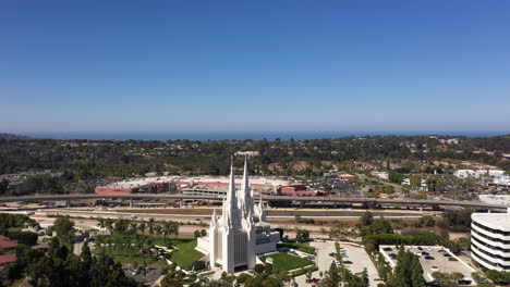 Aerial-View-Of-Mormon-Church-Near-La-Jolla---San-Diego-California-Temple-At-Daytime---drone-shot