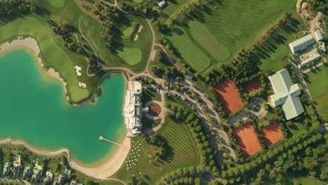 Luftaufnahme-Eines-Golfresorts-Mit-Wunderschönen-Abstrakten-Mustern,-Sandfallen,-Bäumen,-Tennisplätzen-Und-Einem-Türkisfarbenen-See