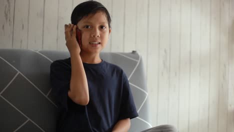 Porträt-Eines-Asiatischen-Jungen,-Der-Mit-Dem-Telefon-Spricht