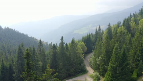 Aerial-view-of-countryside-road-passing-through-the-green-forest-and-mountain