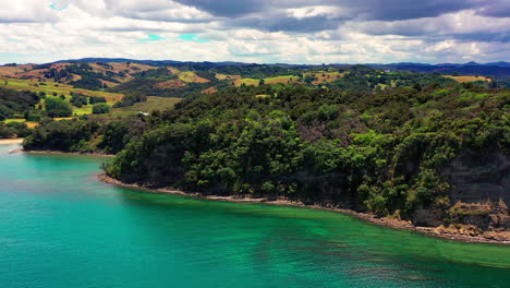 Green-Forest-On-The-Island-Surrounded-By-Blue-Waters-Of-The-Ocean-In-New-Zealand