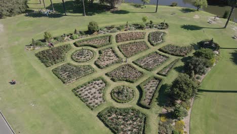 Aerial-View-Of-Rose-Garden-With-Tourists-On-Centennial-Park---Sydney,-NSW,-Australia