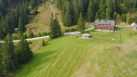 Scenic-aerial-view-of-mountain-hut-on-green-hill-surrounded-with-spruce-tree