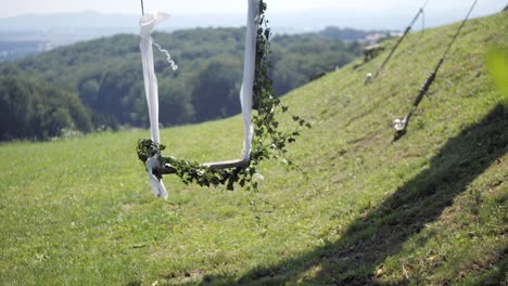 wedding-decoration-swing-hanging-from-tree-decorated-with-ivy,-sunny-summer-day