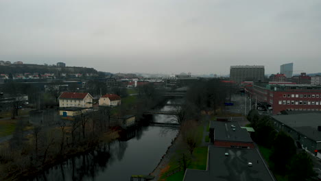 Aerial-shot-of-river-running-through-Gothenburg