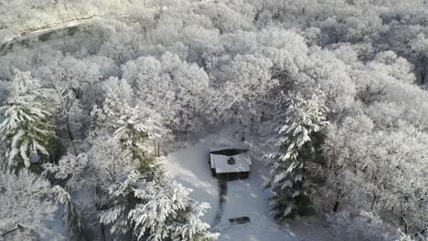 American-Traditional-Cabin-Aerial-Reveal-in-Winter-Snow-Forest-Landscape