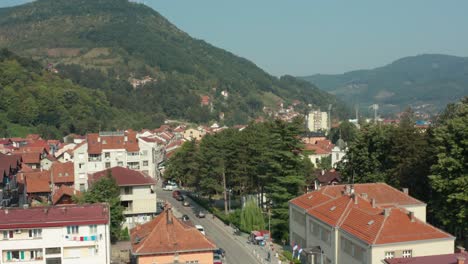 Traditional-Serbian-mountain-town-in-summer,-aerial-view-over-scenic-cityscape