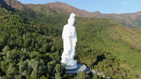 Aerial-view-of-Hong-Kong-Tsz-Shan-monastery-and-the-famous-Avalokitesvara-Guan-Yin-Statue,-Goddess-of-mercy