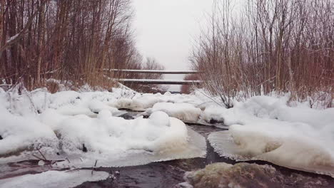 Low-aerial-push-out-of-water-flowing-through-icy-stream-in-Finland