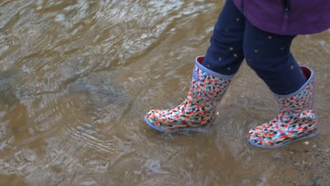 Young-child-walking-and-splashing-water-in-welly-boots