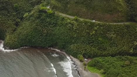 Drone-aerial-Road-to-Hana-beach-side-mountain-forest