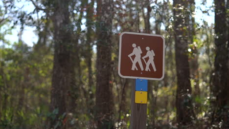 Hiking-sign-at-the-trailhead-or-along-the-path-of-a-trail-in-the-forest