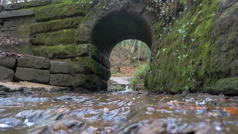 Static-shot-of-small-moss-covered-foot-bridge-with-stream-of-water