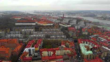 Stunning-aerial-view-flying-across-downtown-Gothenburg-city-center-with-skyline,-river-and-buildings-on-a-cloudy-winter-day-in-Gothenburg-City,-Sweden