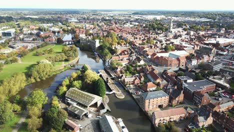 Newark-on-Trent-aerial-footage-of-river-lock-and-town-high-point-of-view