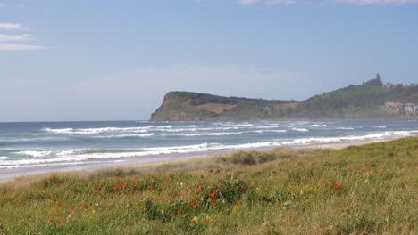 Malerische-Landschaft-Von-Lennox-Point-Mit-Blauem-Himmel-Im-Hintergrund---Blaue-Ozeanwellen,-Die-Am-Strand-Angespült-Werden---Lennox-Head,-New-South-Wales,-Australien