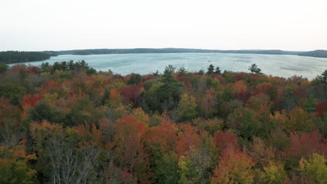 Aerial-Fly-over-footage-overlooking-lush-foliage-and-icy-blue-lake-on-a-windy-day-at-Lake-Auburn,-Maine