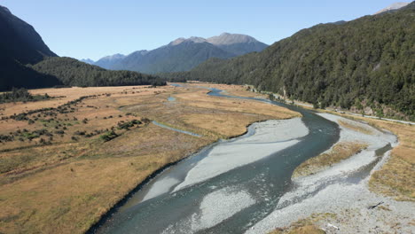 Aerial-High-Flying-Drone-footage-of-Eglinton-River,-New-Zealand