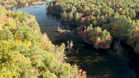 Aerial-fly-over-meandering-footage-overlooking-lush-and-scenic-tree-foliage-and-rivers-at-Pleasant-River-in-Windham,-Maine