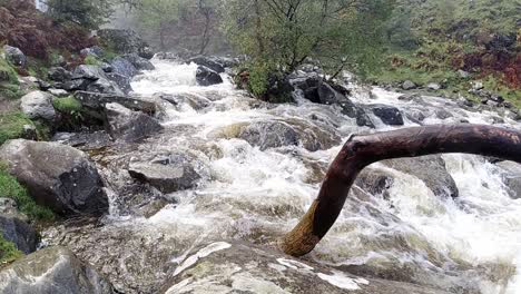 Zeitlupe-Starker-Regen-Wetter-Flussufer-Überschwemmungen-Sturm-Tobender-Strom