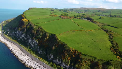 Cinematic-aerial-view-of-coastline-in-northern-Ireland