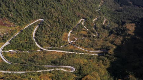 Aerial-View-of-Curvy-Road-Pass-in-Valley-of-Gaularfjellet-Mountain-Hill,-Norway